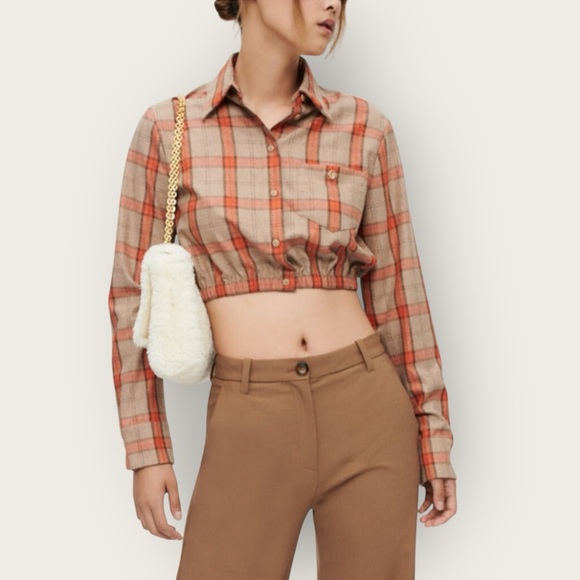 MAJE Cavellino Plaid Button-Up Crop Top - Orange and Brown Size 1 - Picture 4 of 10